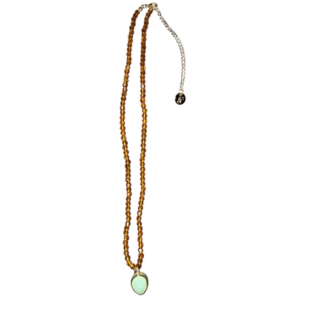 Plunder Amber Beaded Necklace with Pale Green Teardrop Pendant